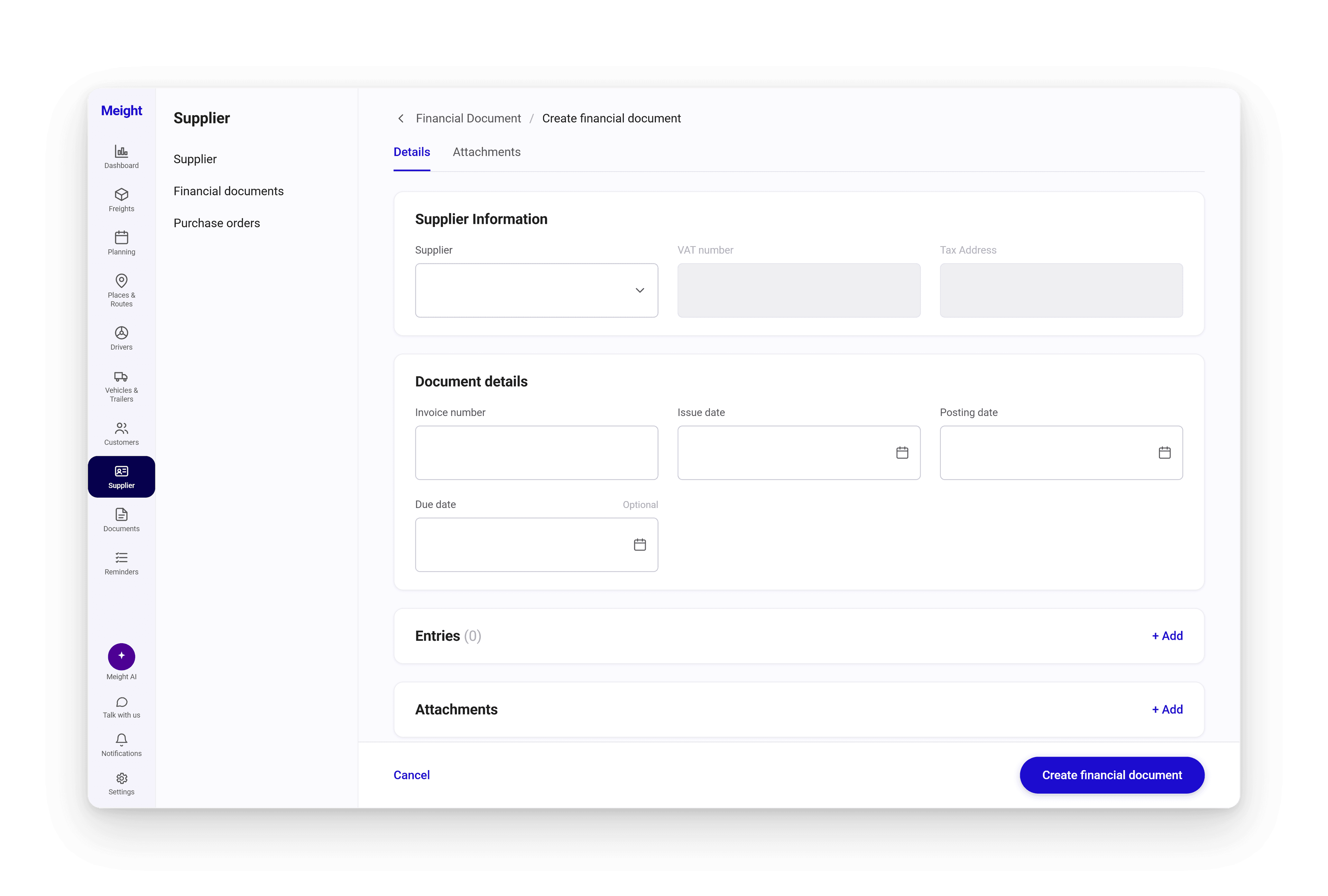 The form for adding an invoice, with the Supplier information, Document details, and Entries sections.