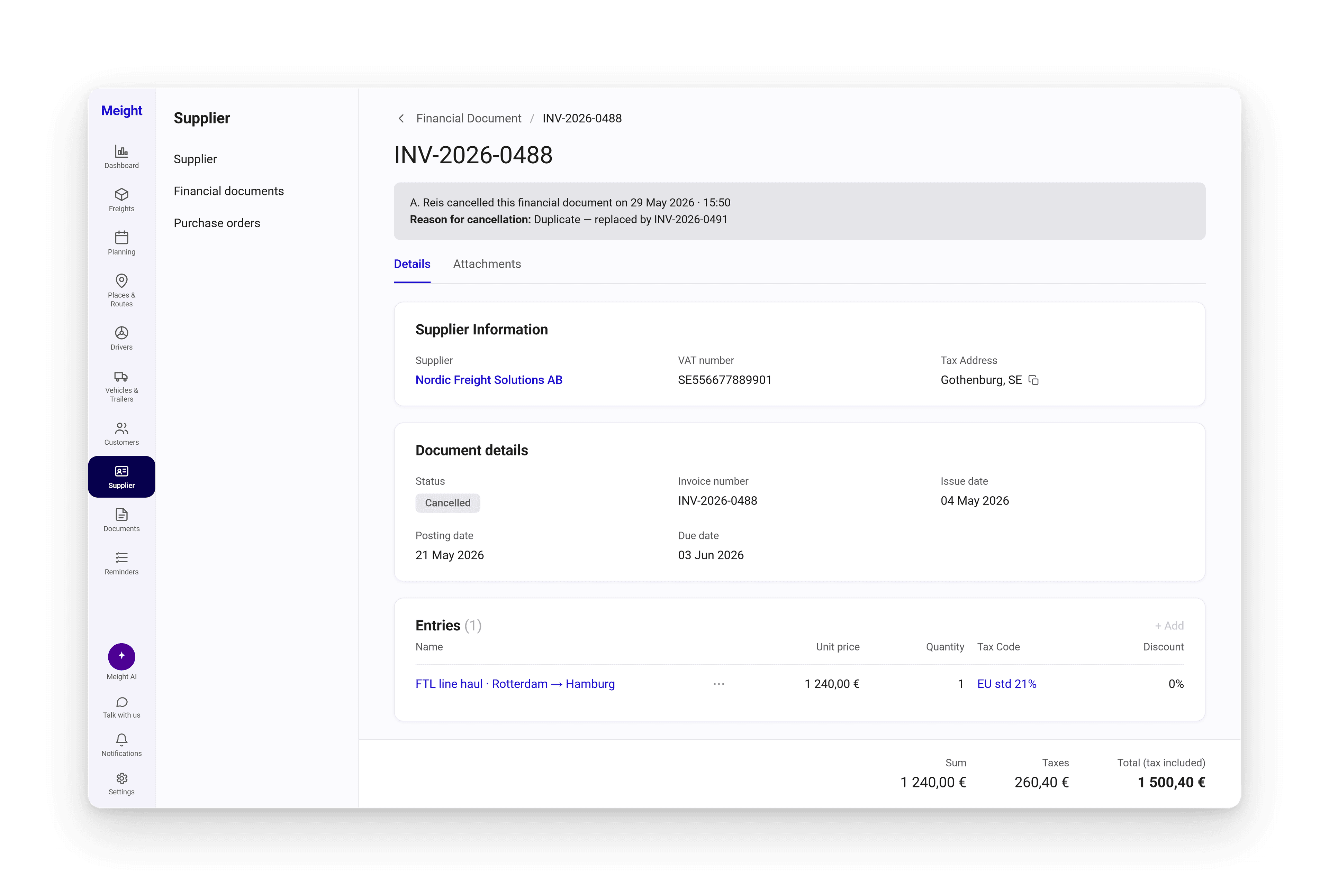 A supplier invoice in Meight showing supplier information, document details, and entries.