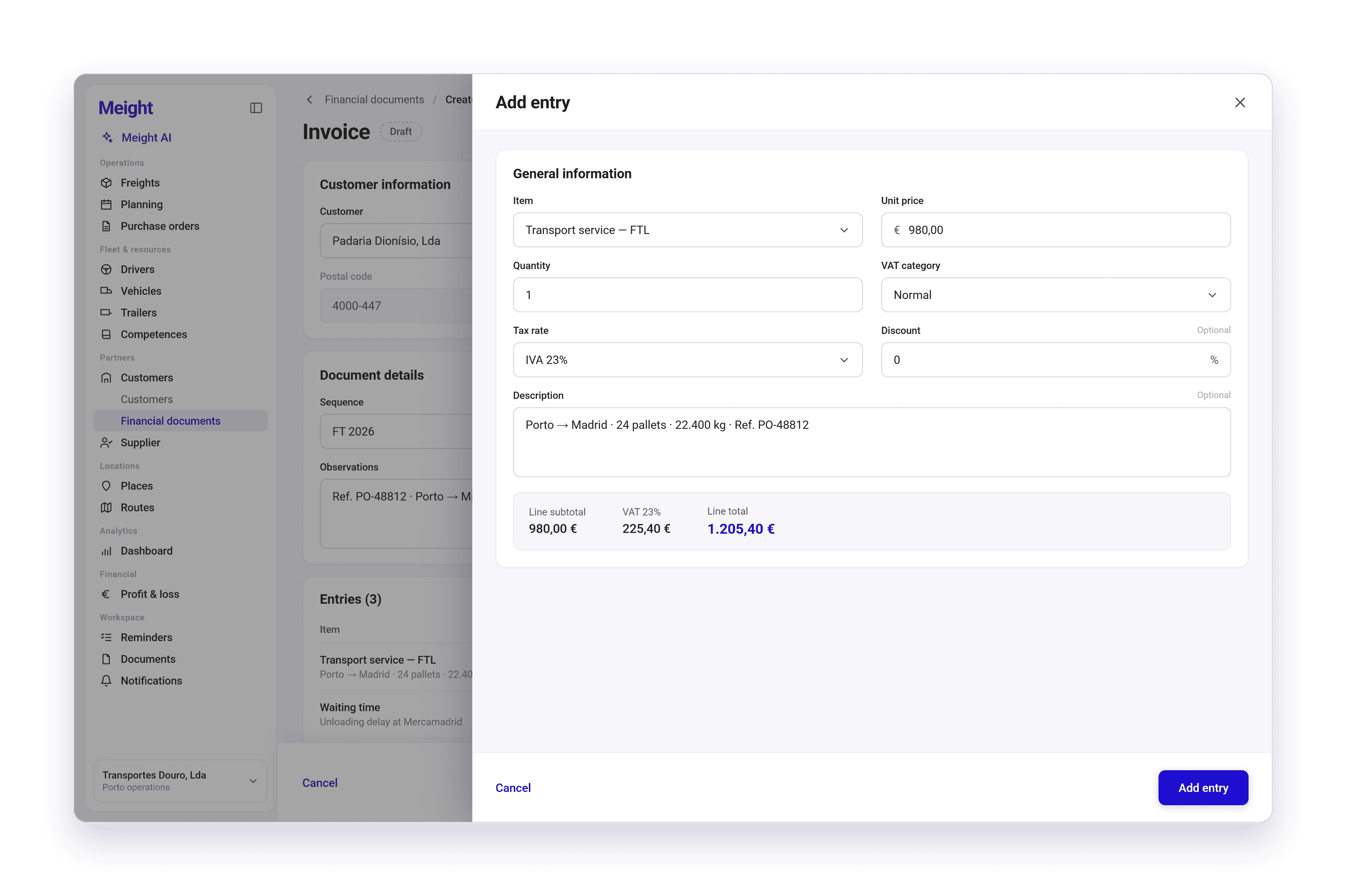 The Add entry panel open over the invoice, with fields for the item, unit price, quantity, VAT category, tax rate, discount and description, and a summary at the bottom showing the line subtotal, the VAT and the line total.