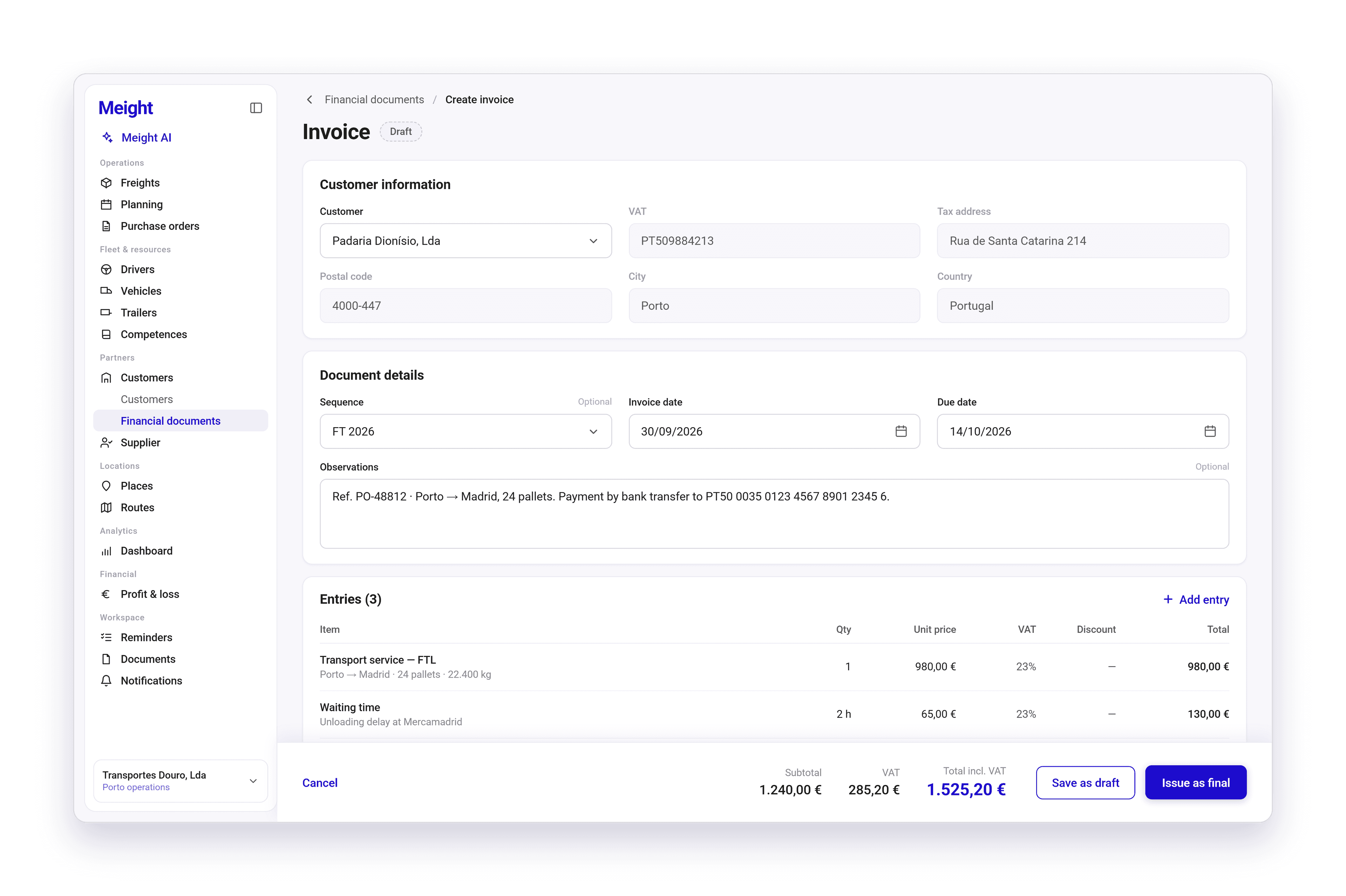 The Create invoice page in Meight. Customer information holds the customer, VAT number and address, Document details holds the sequence, invoice date, due date and observations, and Entries lists each line with its quantity, unit price, VAT and total. A bar at the bottom shows the subtotal, VAT and total including VAT, with Save as draft and Issue as final buttons.