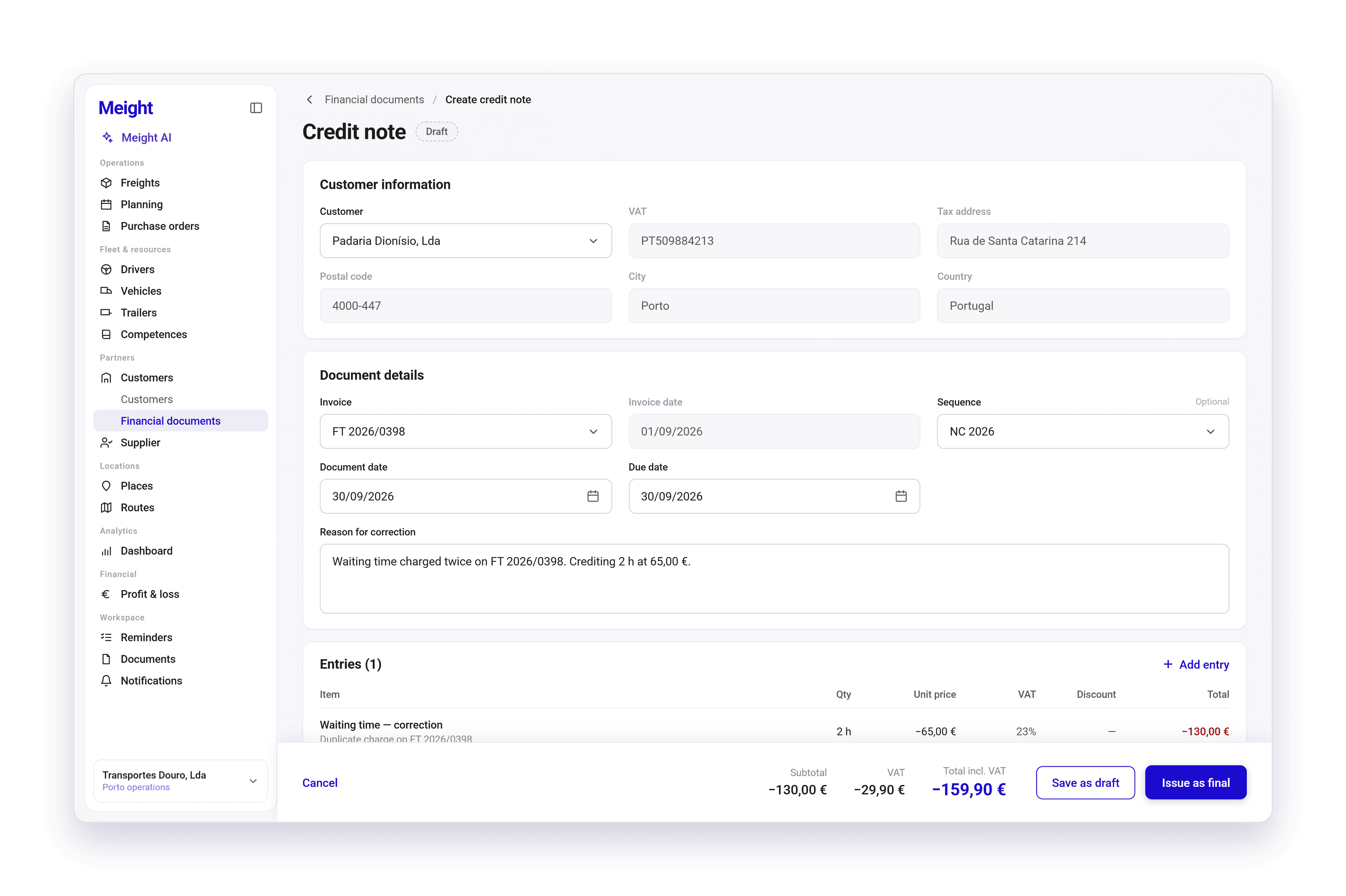 The Create credit note page in Meight, marked as a draft. Document details holds the invoice being corrected, its invoice date, the sequence, the document and due dates, and a reason for correction. The single entry below is a negative amount, and the totals at the bottom are negative too.