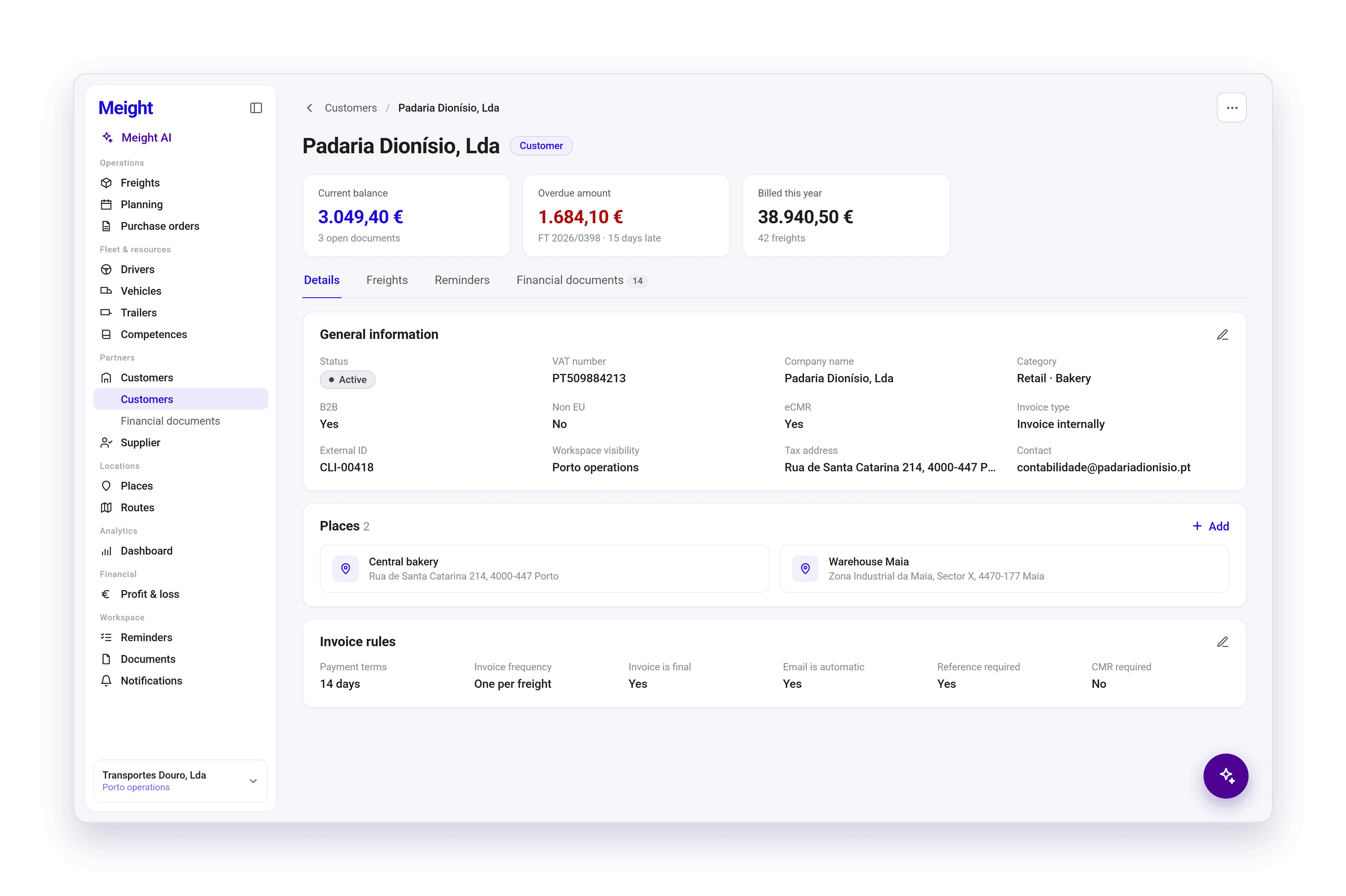 A customer page in Meight, with three cards at the top: Current balance with the number of open documents, Overdue amount naming the late invoice and how many days late it is, and Billed this year with a freight count. Below them are the Details, Freights, Reminders and Financial documents tabs, and the customer's general information, places and invoice rules.