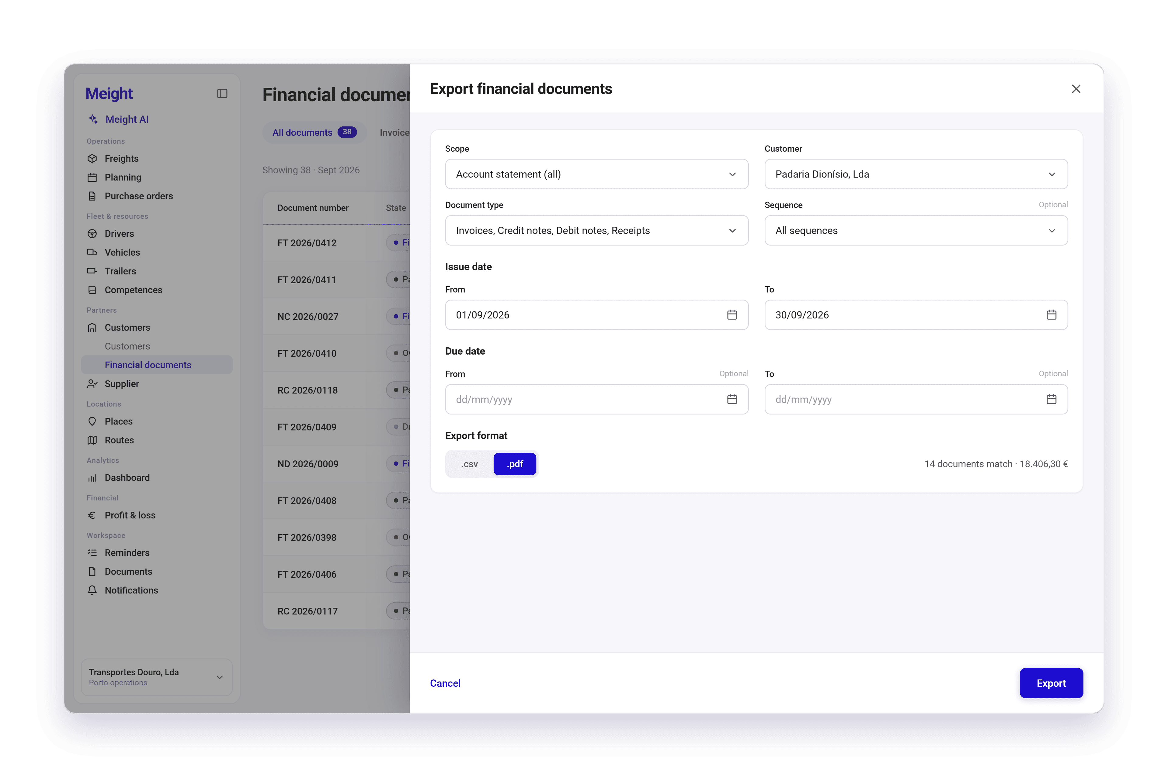 The Export financial documents panel in Meight, with the scope, customer, document type and sequence at the top, an issue date range and an optional due date range below, and a choice of .csv or .pdf at the bottom. A line beside the format shows how many documents match and their total.