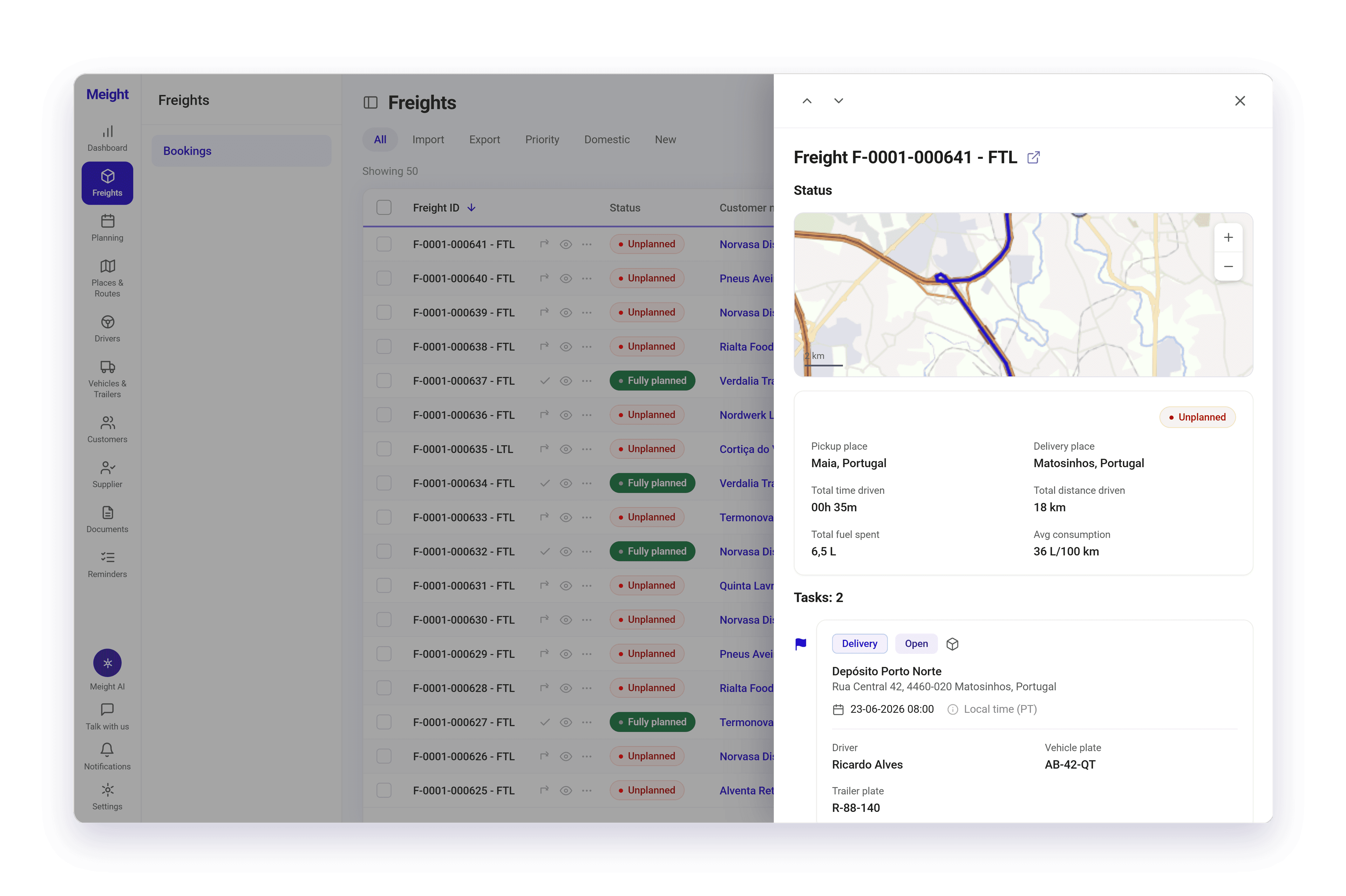 The freight preview panel in Meight, showing the planning status, the route on a map, the driving summary and the list of tasks.