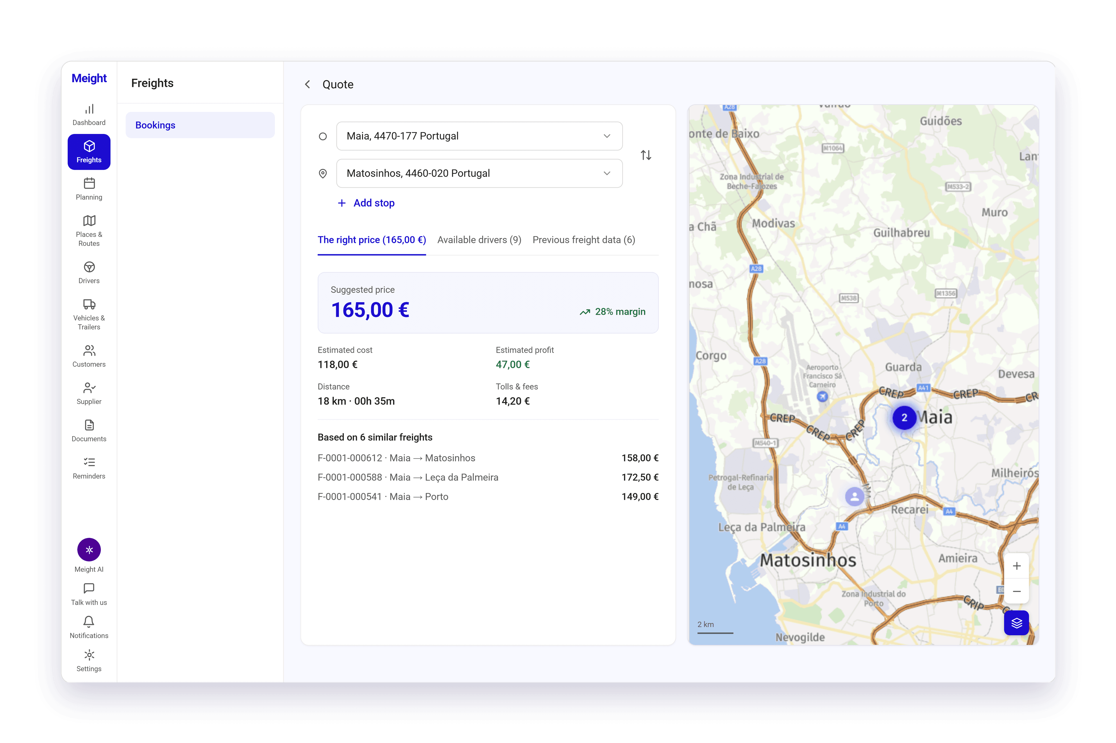 The quotation tool in Meight, showing the suggested price and margin, the estimated cost and profit, and the similar freights the estimate is based on.