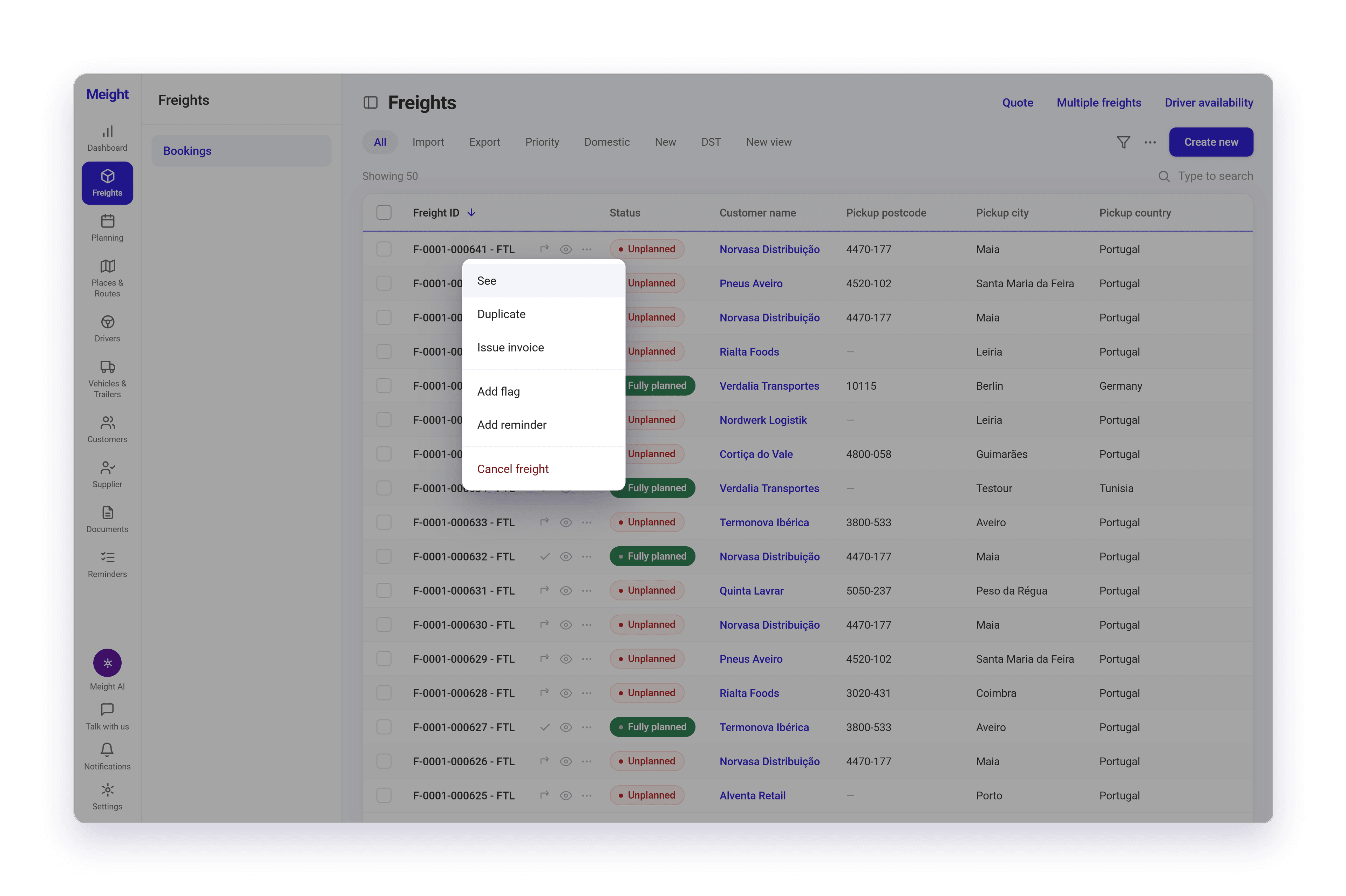 The three-dots menu open on a freight row in Meight, listing the actions available without opening the freight.