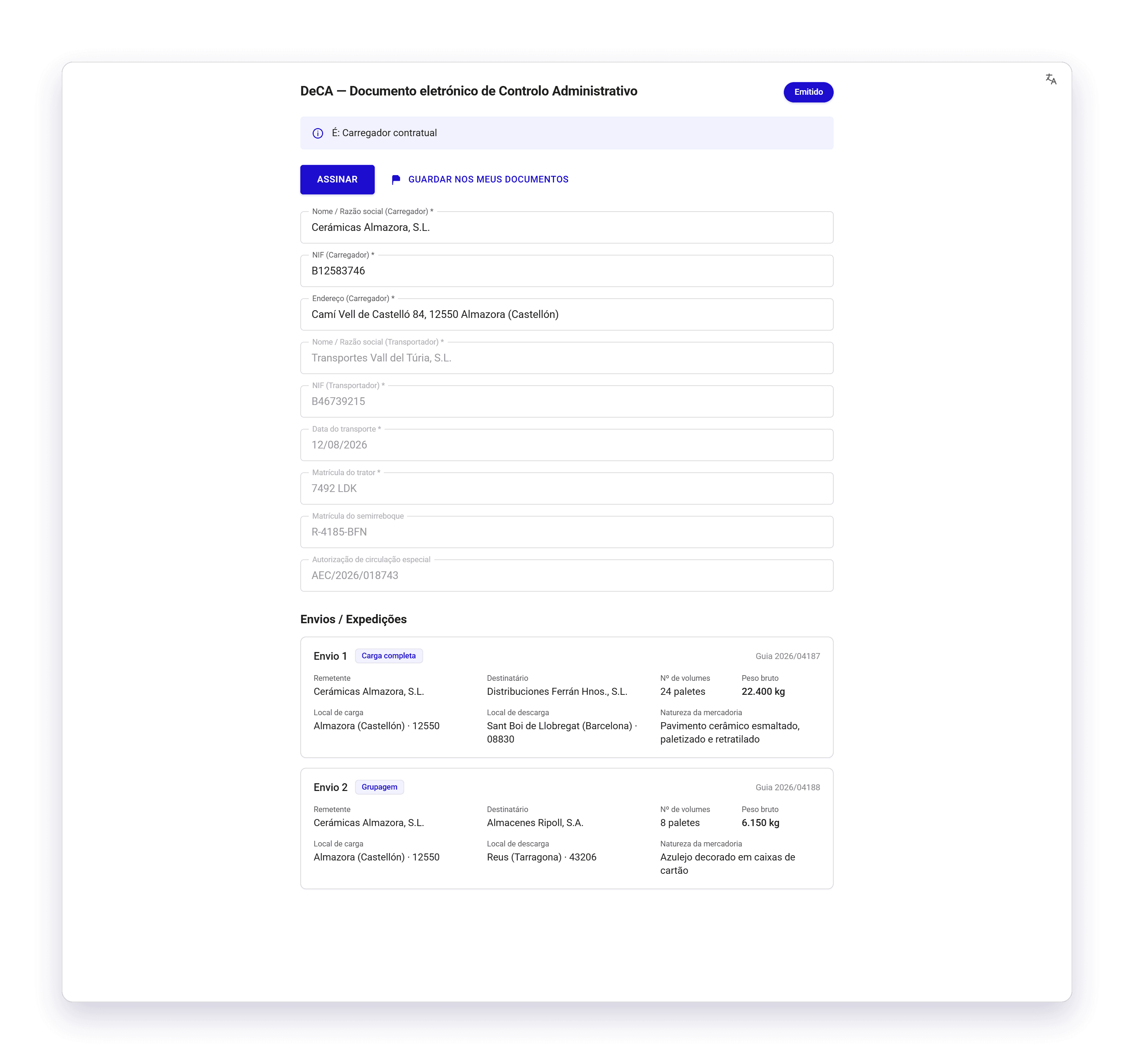 Um DeCA emitido aberto a partir do link de uma parte, com a sessão iniciada, com o aviso É: Carregador contratual e os botões Assinar e Guardar nos meus documentos por cima dos campos.