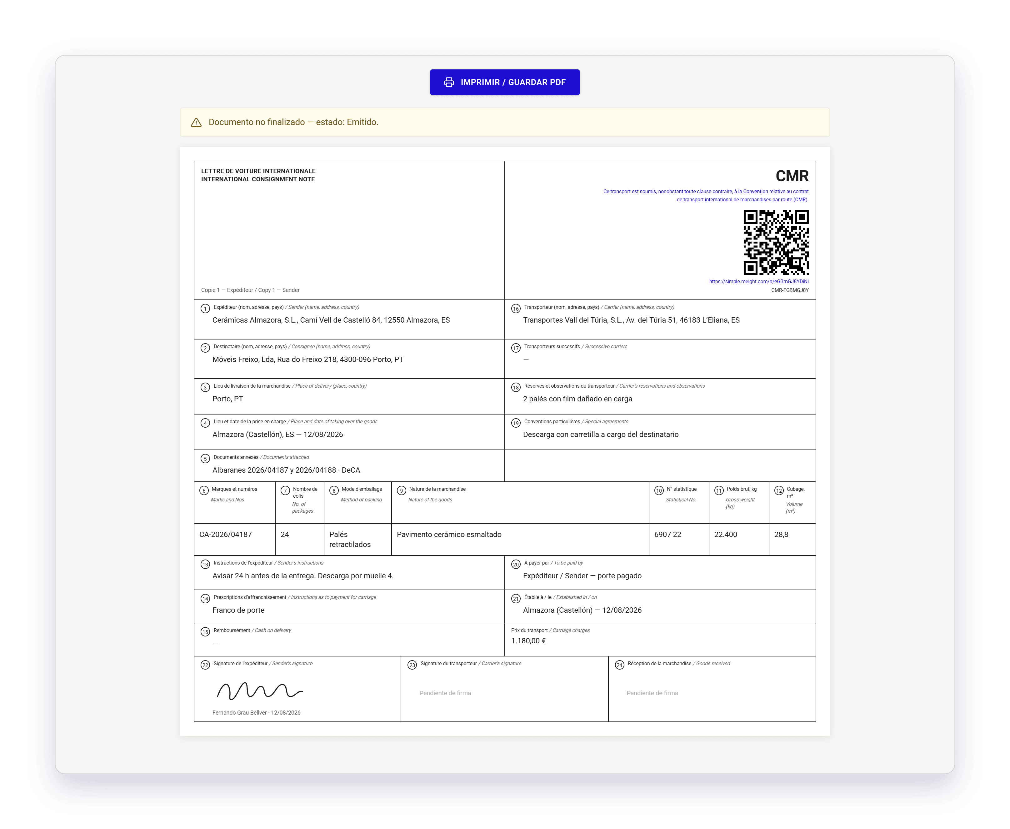 La página pública de un CMR en formato A4, con el aviso Documento no finalizado, el código QR, los datos del expedidor, del destinatario y del transportista, la firma del expedidor y las otras dos firmas pendientes.