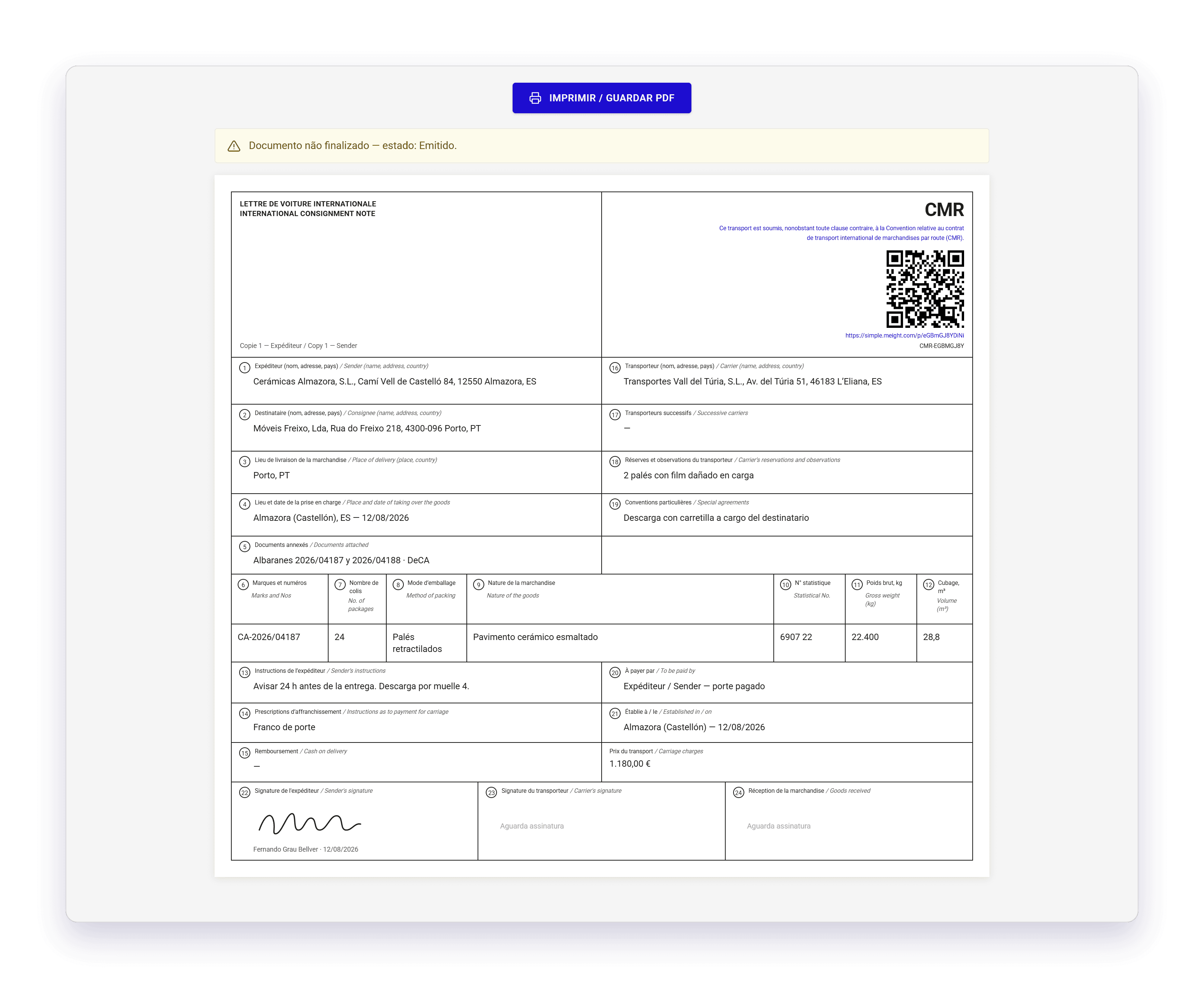 A página pública de um CMR em formato A4, com o aviso Documento não finalizado, o código QR, os dados do expedidor, do destinatário e do transportador, a assinatura do expedidor e as outras duas assinaturas por fazer.