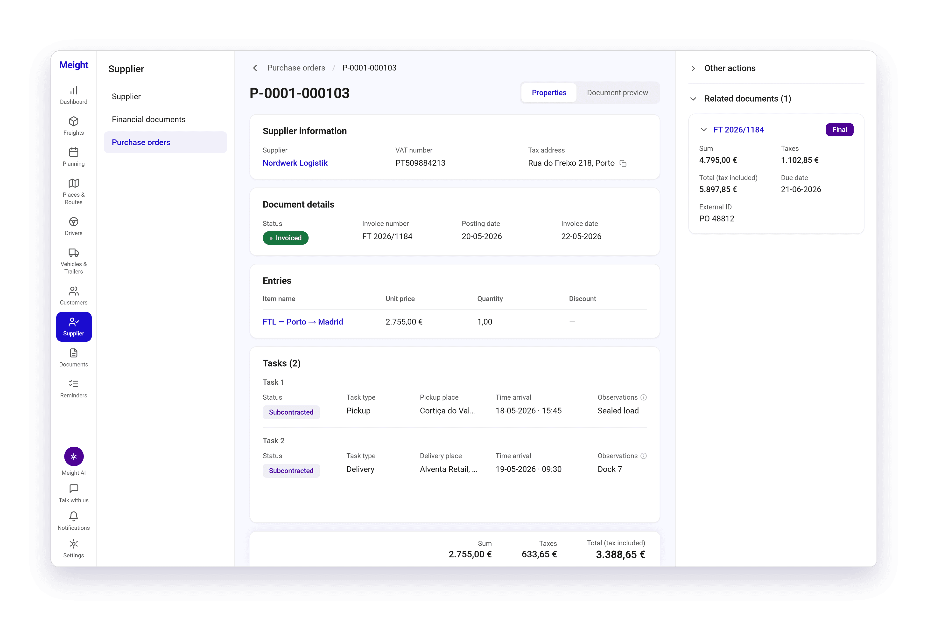 An Invoiced purchase order, with the Related documents panel showing the supplier invoice it generated.