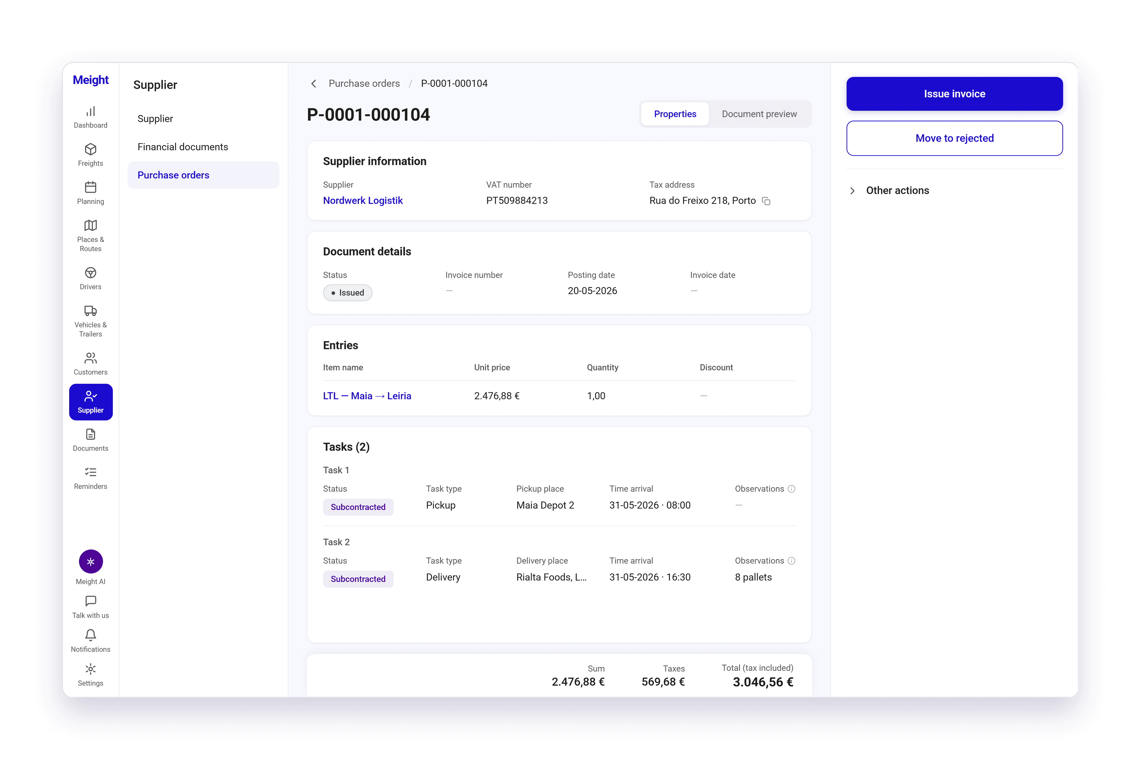 A purchase order in the Issued state, with Issue Invoice and Move to rejected in the action panel on the right.