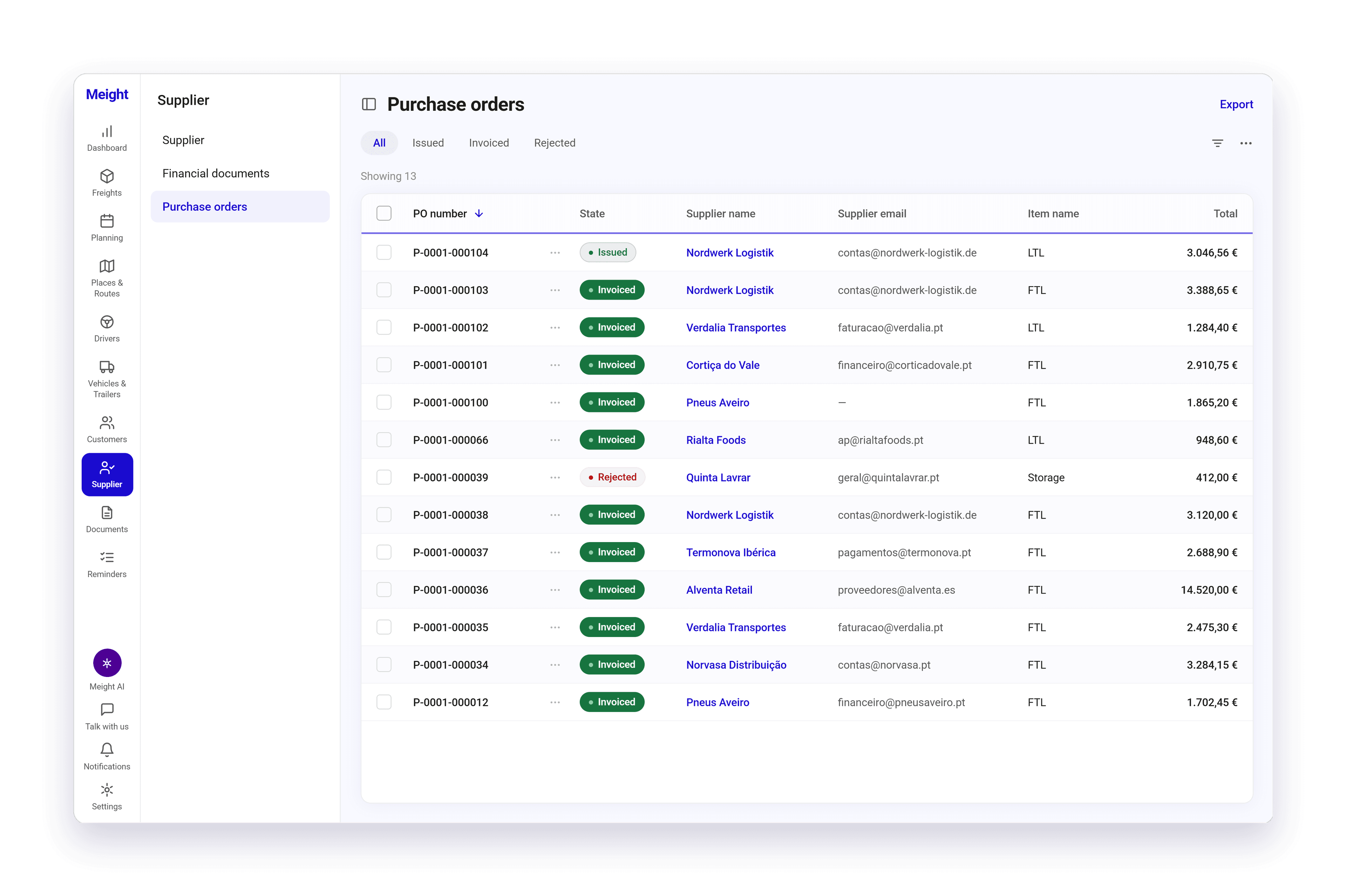 The purchase order list in Meight, under Supplier on the Purchase orders tab.