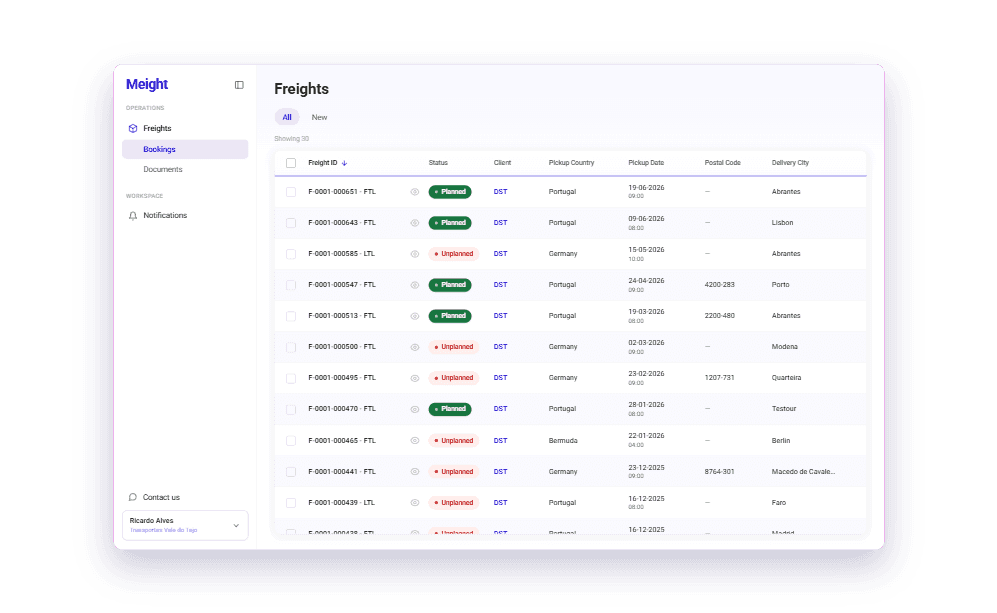 The customer portal freights list, each freight with its status.