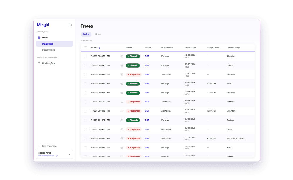 A lista de fretes do portal do cliente, cada frete com o seu estado.
