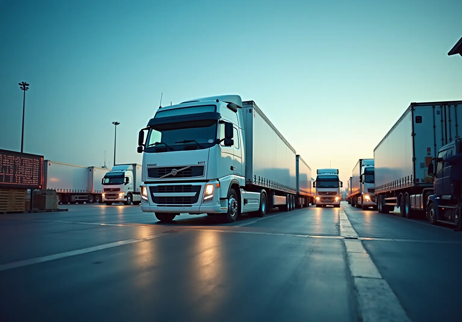 Trucks lined up at a depot at dusk