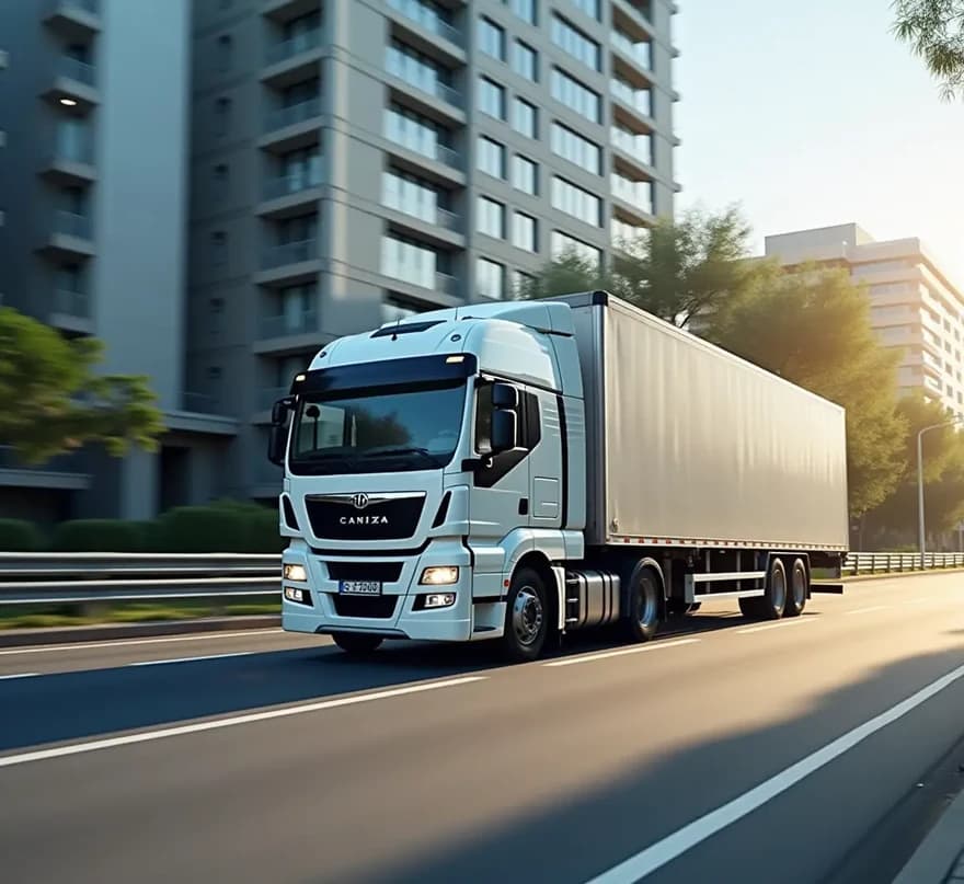 A truck on the road at sunrise