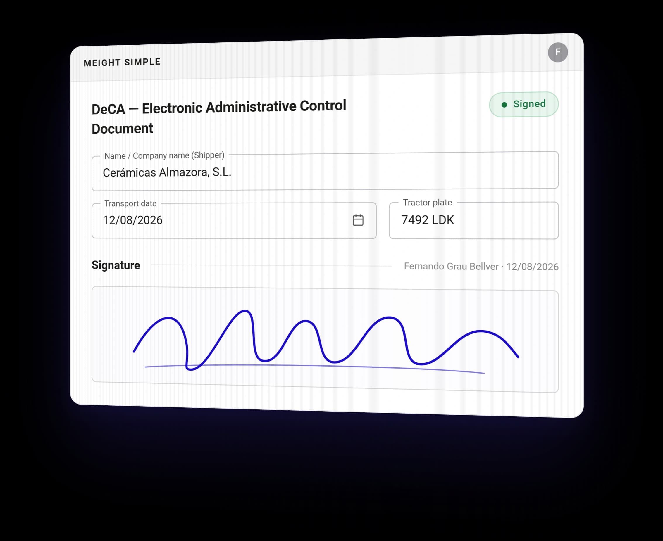 A signed DeCA in Meight Simple, showing the shipper, transport date, tractor plate and the signature captured in the browser