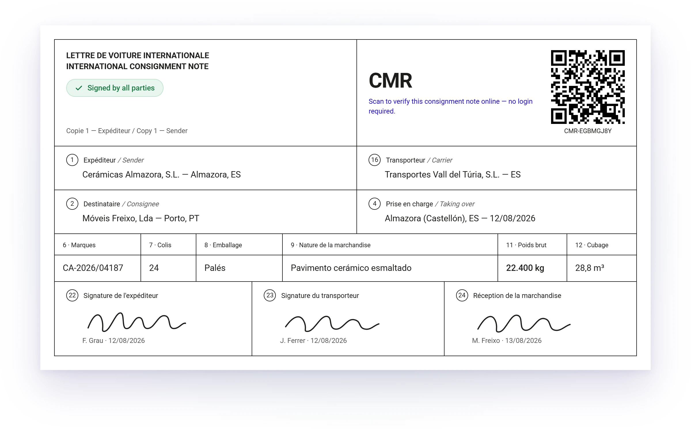 A CMR in Meight Simple signed by all parties, laid out as the official consignment note with a QR code to verify it online
