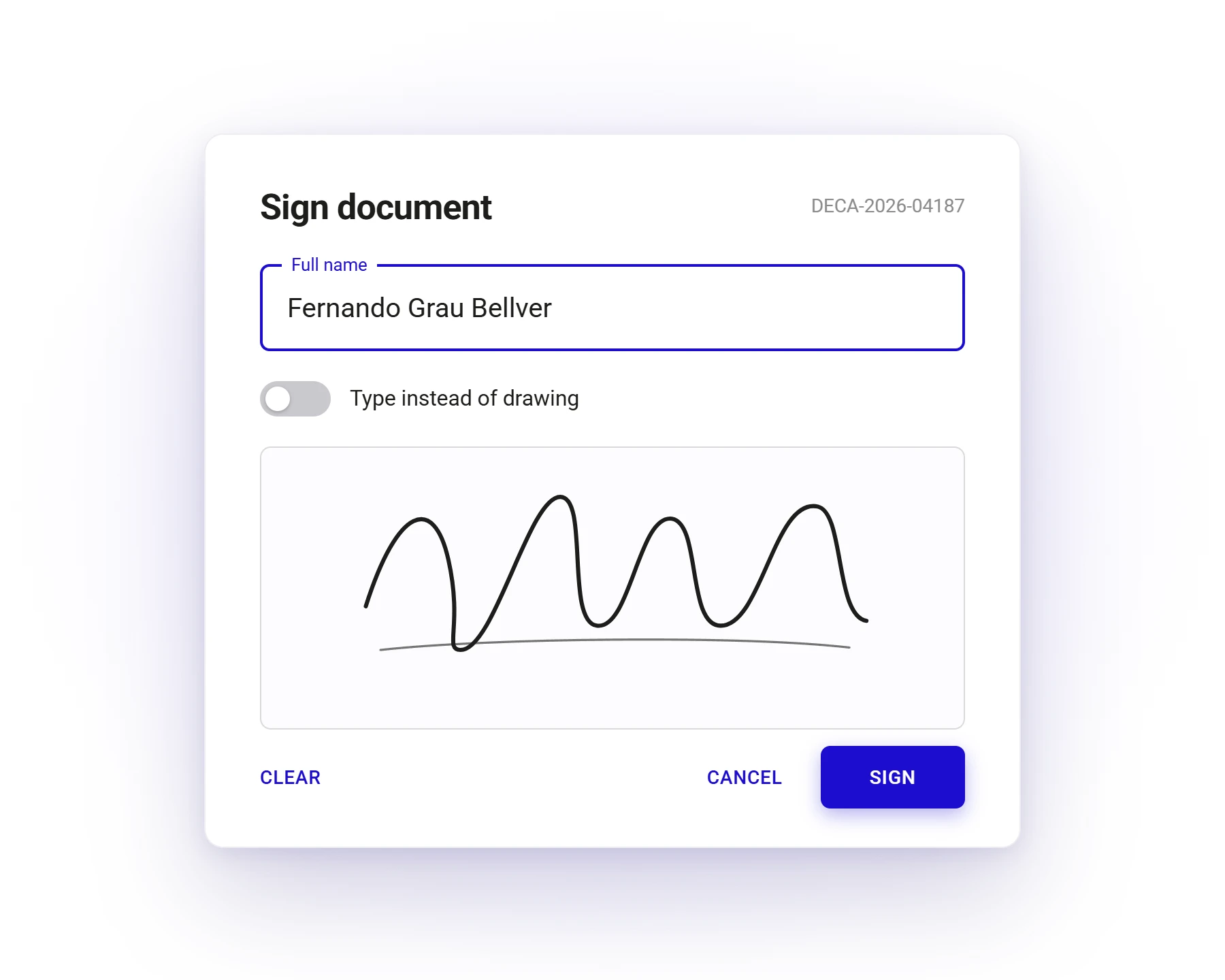 The Meight Simple sign dialog: a full name, a toggle to type instead of drawing, and a signature drawn in the box